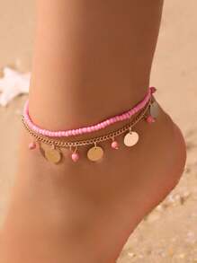 2pcs Set Bohemian Metal Disc & Star Pendant Beaded Anklet Accessories For Girls, Summer Resort - Rice Bead Anklet - View 1