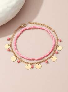 2pcs Set Bohemian Metal Disc & Star Pendant Beaded Anklet Accessories For Girls, Summer Resort - Rice Bead Anklet - View 4