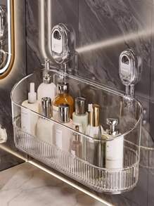 1pc Luxury Stainless Steel Wall-Mounted Suction Cup Storage Rack - No-Drill Hanging Organizer Bin, Suitable For Shower Essentials, Cosmetics And Toiletries - Plastic Shelf For Bathroom Use, No Electricity Required