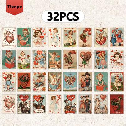 Tlenpo 32pcs/Set Vintage Love Postcards, 5.5" X 3.9" Love Postcard, Message Cards, DIY Postcards Suitable For Valentine's Day Gifts, Bedroom Decor, Memorabilia Postcards, Gifts For Lovers, Valentine's Day Supplies, Valentine's Day Decor (Accessories Not Included)