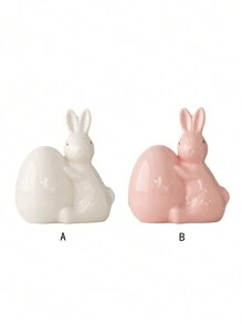 1 Peça Estatueta Cerâmica de Coelho Segurando Ovo, Branco/Rosa, Estilo Minimalista Fofo, Decoração de Páscoa, Adequado para Mesa de Escritório, Casa, Cozinha, Quarto, Sala de Estar, Enfeite Festivo