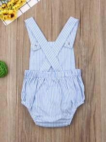 Newborn Baby Boy Girl Bubble Romper Unisex Striped Solid Color Button Jumpsuit Sleeveless Backless Overalls Outfits Summer Fall Clothes - 藍色條紋 - 查看 4