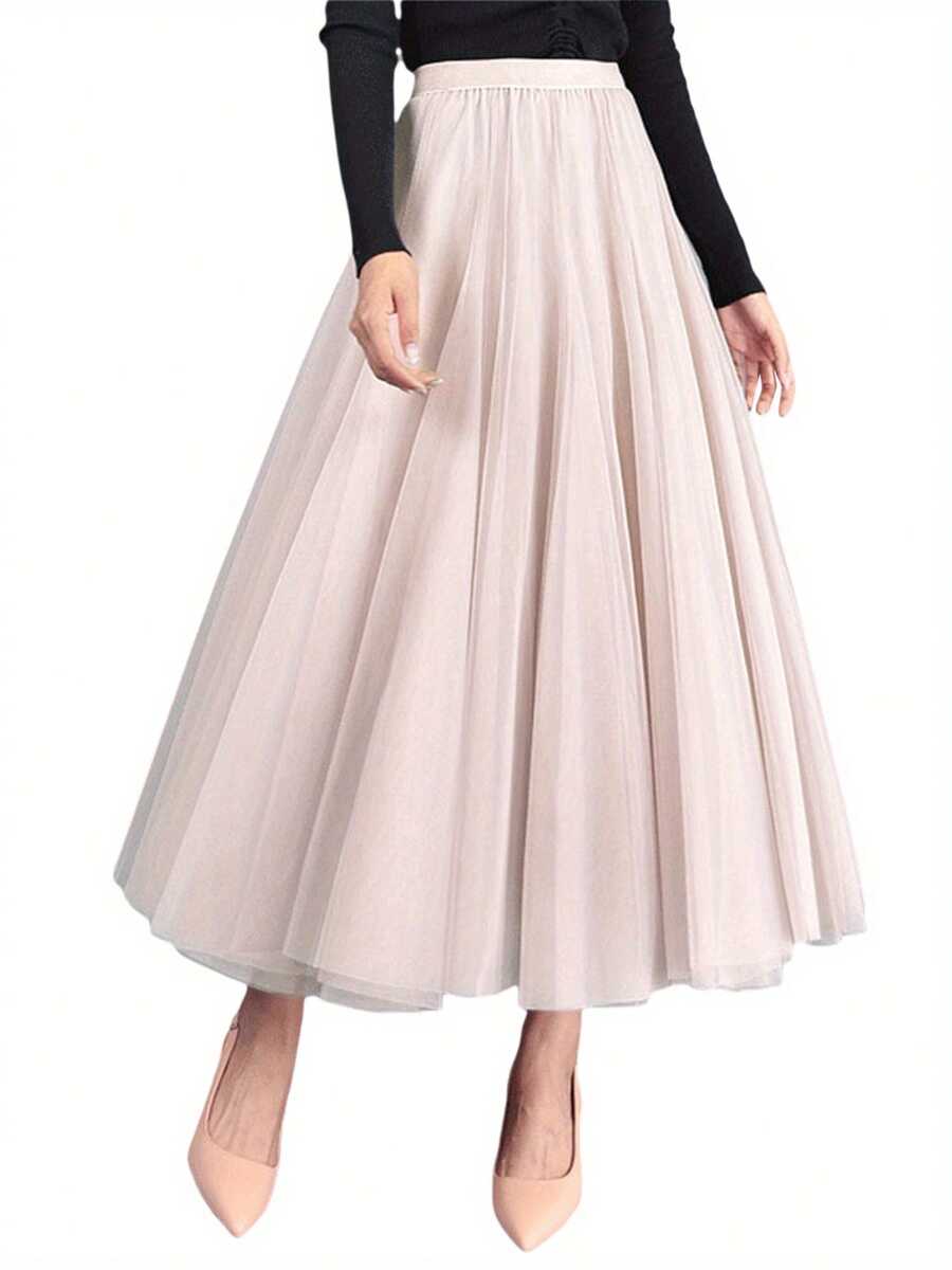 Women Mesh Skirt Solid Multilayer Pleated High Waist Lace Long Tulle Skirts For Wedding Party - Màu be - Xem 1