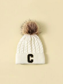 1pc Kids Letter Fuzzy Ball Beanie Hat, Winter - White - View 37