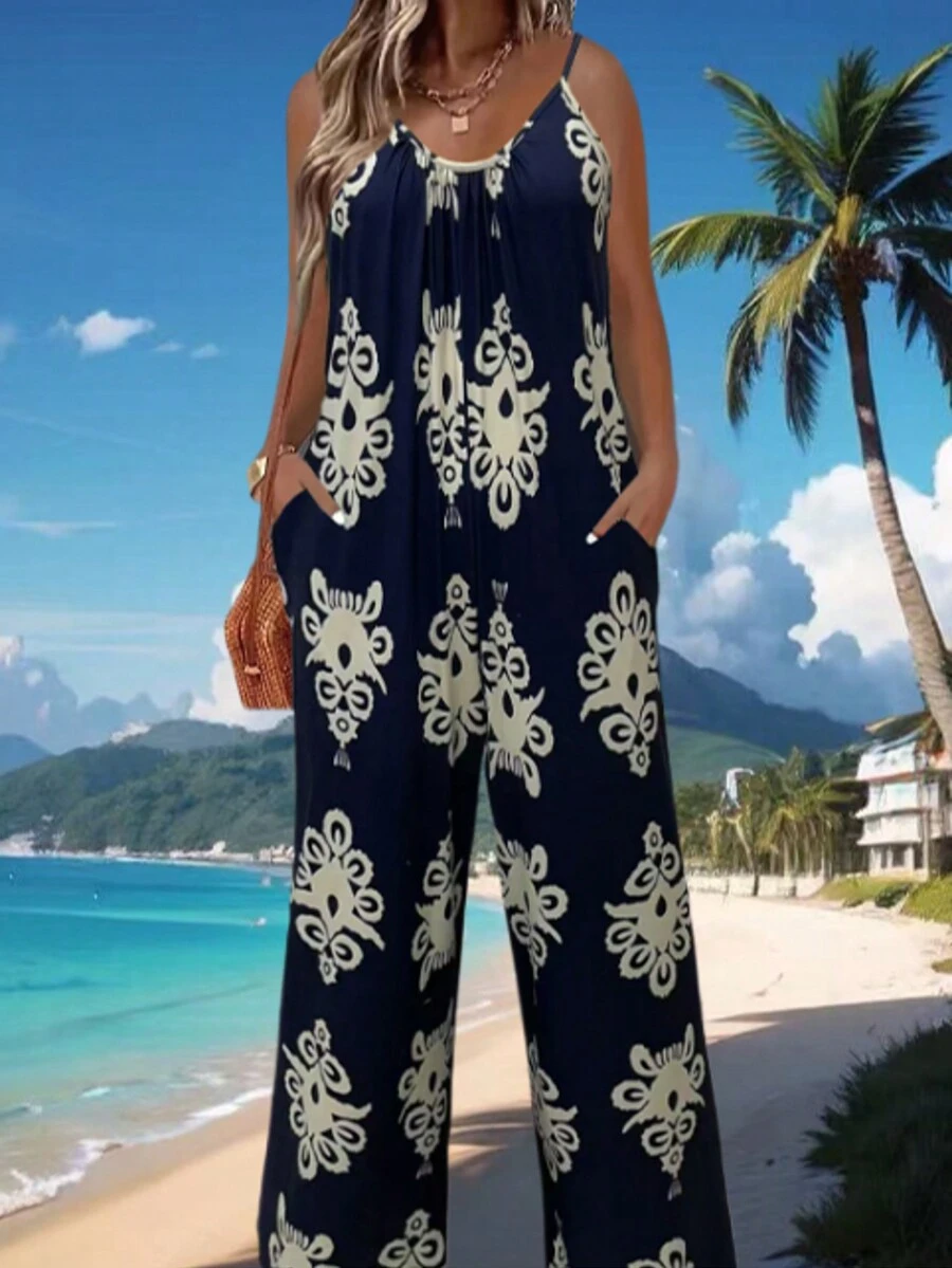 Plus Size Fashion Printed Casual Vacation Style Jumpsuit With Pockets - Navy Blue - View 1