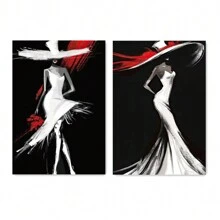 2 piezas Pósteres de arte de pared autoadhesivos con figura femenina elegante y estilosa que incluye vestido de noche de falda trompeta blanca, sombrero de ala ancha. Diseño autoadhesivo, fácil de instalar, para decoración