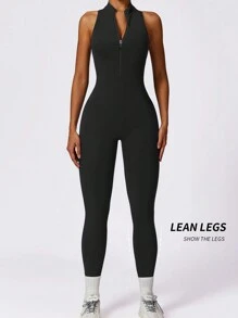 Yefecy 女式健身喇叭连体裤，立领半拉链运动连体裤，高弹力运动连体裤，性感露背健身紧身臀部瑜伽连体裤 V 背 - 黑色 - 查看 3