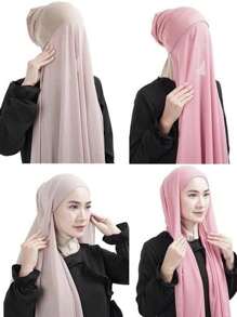 1pc Women's 2-In-1 Convenient Headscarf, Fashionable Crinkle Viscose Headwrap With Undercap, Versatile Muslim Daily Wear - Multicolor - View 4