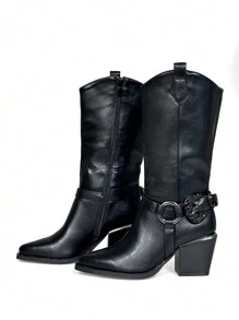 2025秋冬女款过膝靴黑色优雅方头鞋高跟鞋返校季情人节适合约会聚会逛街通勤