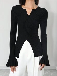 Women's V-Neck Fitted Slim Ribbed Knitted Flare Sleeve Slit Sweater - Black - View 2