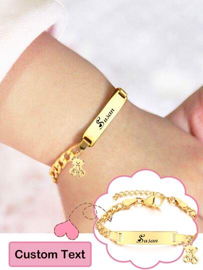 Customized Children's Stainless Steel Bear ID Bracelet, Personalized Name Engraved, Great Gift For Halloween, Christmas, Christening, Birthday