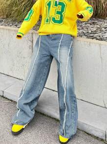 Men's Water Washed Blue Patchwork Fringe Streetwear Fashion Casual Jeans