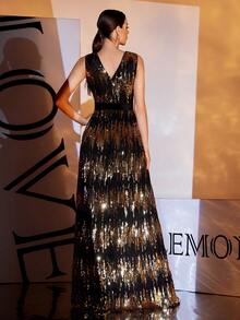 LOVE&LEMONADE Black V-Neck Sequin Slit Cocktail Dress, Party Dress, Wedding Guest Dress, Formal Dress, Evening Dress