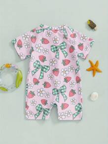 Toddler Girl Rash Guard Swimsuit Cherry/Bow Print Zipper Short Sleeve Zip Up Bathing Suit - Green - View 3