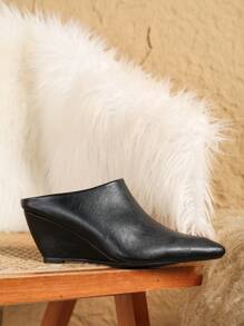 Women's Fashion Korean Style Square Toe Wedge Heel Slip-On Mules, Handmade Pleated Versatile Casual Loafers High Heels - Black - View 6