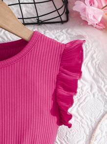 Tween Girls Summer Elegant Floral Print Cap Sleeve Knit Splice Casual Dress - Hot Pink - View 4