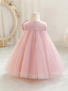 女婴粉色蝴蝶结圣诞派对礼服，优雅公主薄纱长裙，适合一周岁生日、婚礼、宴会、节日庆典等场合 - 粉色 - 查看 2