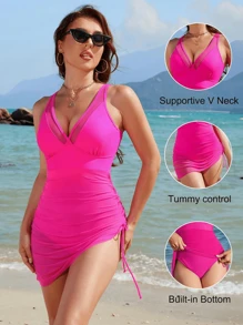 Women One Piece Swim Dress Tummy Control Swimsuits Slimming Mesh Sheer Sarong Wraps Bathing Suit - Màu Hồng Tươi - Xem 5