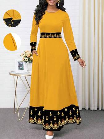 Vestido de manga larga para mujeres de estilo medio oriental, nuevo para primavera 2026: Estilo casual con diseño de cintura en contraste amarillo brillante y estampado dorado, cuello redondo de punto, adecuado para el uso diario, elegante y ligero, ideal para cruceros y otros eventos.