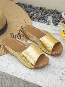 Plus Size EU36-45 Women's Casual Thick Sole Sandals, New Summer Fashion Comfortable Platform Slip-On Slippers, Non-Slip Wedge Heel Fishscale Pattern Slides - Gold - View 6