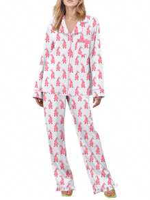 Women's 2 Piece Lounge Set Long Sleeve Lapel Bunny Print Shirt Pants Sleepwear Sets - Pink - View 6