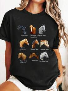 Horse Breeds Equestrian Horseback Riding Gift For Girls T-Shirt Casual Printed Cotton Women T-Shirt, Summer Short Sleeve Graphic Tee Women Tops