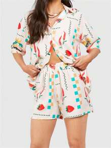 Women Pajamas Set 2 Pieces Loungewear Suits Fruits/Leaves Print Short Sleeve Tops And Shorts 2 Piece Loungewear Outfits
