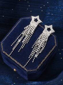 1pair Vintage Gemstone Elegant Sparkling Silver Color Crystal Tassel Earrings For Women Geometric Hanging Drop Party Wedding Jewelry