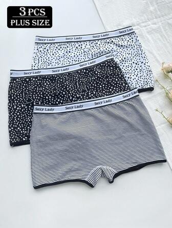 3pcs Plus Size Women's High Elastic Letter Waistband Striped & Polka Dot Print Briefs Boxers