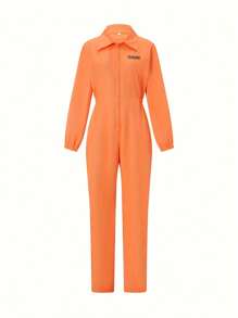 Adult Halloween Prisoner Costume Number Print Long Sleeve Lapel Front Zipper Overalls Jumpsuit Jail Criminal Clothes - Orange - View 3