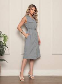ONLYONE - ELEGANT WOMEN'S MIDI DRESS WITH V-NECK TANK TOP WITH POCKETS AND BELT MADE IN TACTEL TWILL - WOMEN'S DRESSES - Gris - Ver 5