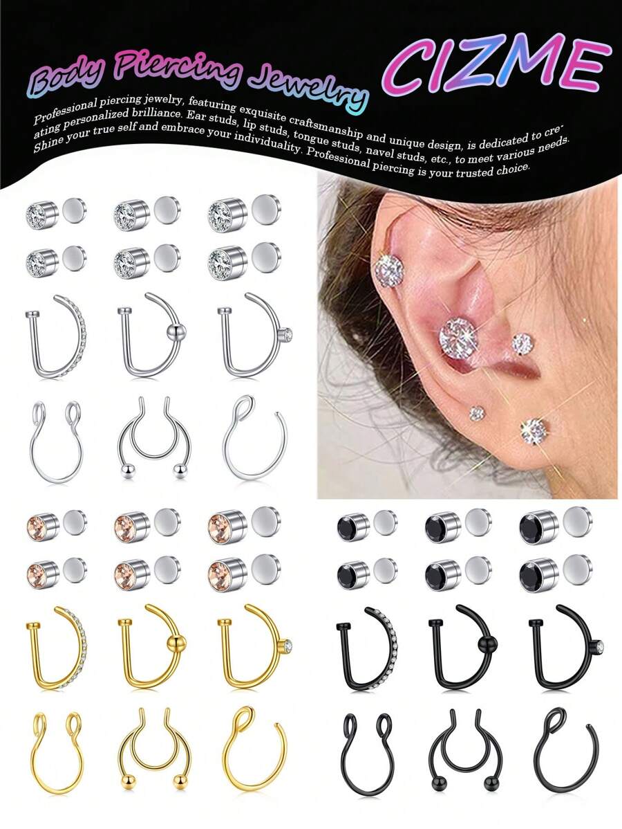 CIZME Fake Earrings Stud Silver Gold Black Fake Cartilage Helix Earring Clip On Earring Hoop, Fake Earrings Stud Silver Gold Fake Cartilage Helix Earring Clip On Earring Hoop 3mm 4mm 5mm - Фальшиві сережки-гвоздики - Переглянути 1