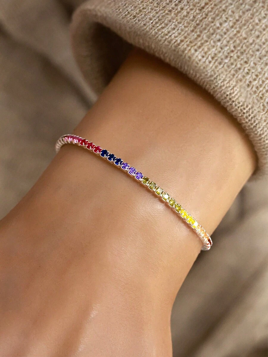 1 Luxurious S925 Pure Silver Shiny Silver Tennis Ball Colored Inlaid Bracelet, Suitable For Women's Parties And Gifts, Weddings, Engagement Bride Jewelry