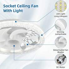 Enchufe de luz del ventilador con mando a distancia, tornillo en la luz del ventilador del zócalo con brillo regulable y temperatura de color, zócalo de montaje empotrado moderno ventilador de techo de bajo perfil para el dormitorio, sala de estar pequeña, cocina. - transparente - Ver 4
