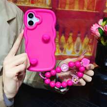 1 件紫红色波浪糖果形光滑纹理心形珠子手机挂绳保护壳，适用于 iPhone 16/Galaxy/Redmi/OPPO/OnePlus/Moto/Tecno Spark Go 2024/Infinix，奢华全覆盖 - 玫紅 - 查看 9