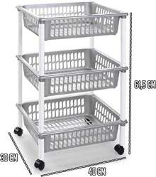 STARLEY - Plastic PLFT Model Vegetable Cart With 3 Levels And Wheels, Stackable Baskets For Storing Objects, Fruits, Vegetables, Kitchen, Bathroom (61 X 40 X 30 Cm) - 灰色 - 查看 2