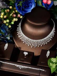 1 套奢华方晶锆石菱形首饰套装，适合作为女士周年纪念礼物 - 銀色 - 查看 1