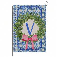 1pc, Chinoiserie Garden Flag, Name Initial Flags, Chinoiserie & Bow Flags, Boxwood Wreath, Yard Family Last Name Flag, 12x18 Inches, Perfect For Thanksgiving, Christmas, And New Year Outdoor Decorations, Home And Scene Decor, No Flagpole Included