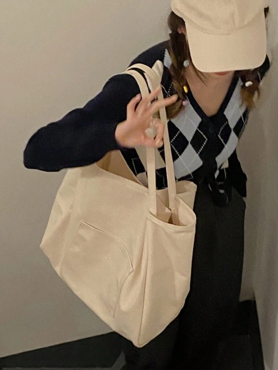 純色帆布極簡大容量時尚托特包,百搭 Ins 風購物袋,優雅必備單品 - 白色 - 查看 1