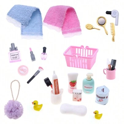 Dollhouse Accessories - Mini Lipstick, Perfume, Bathroom Set, Towel, Hair Dryer, BJD Miniature Bathing Scene Cosmetic Props, Micro Toys, Decorative Models