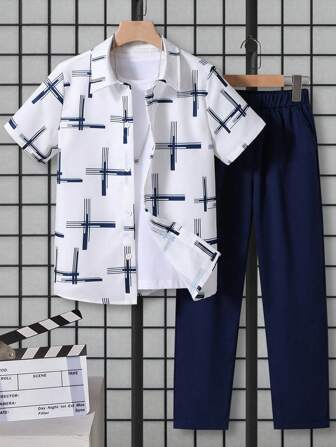 Boys & Teen All-Over Print Collared Shirt And High Waist Slim Fit Casual Pants Set