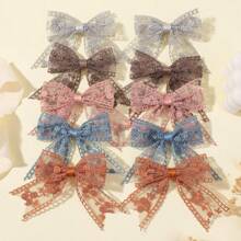 10pcs Solid Color Lace Trimmed Bow Hair Clips For Kids, Versatile Kids Hair Accessories For Back To School