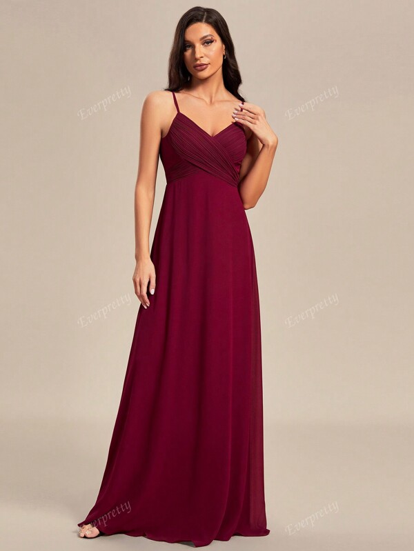 EVER-PRETTY Spring Plisse Cross Wrap Front Draped Backless Cami Spaghetti Straps Dress Elegant Burgundy Bridesmaid Dress Wedding Guest Dress For Wedding