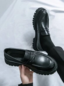 男士一脚蹬乐福鞋，亮黑色厚底防滑时尚办公休闲鞋，英伦风格 - 黑色 - 查看 4