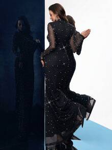 QOQ Shiny Black Rhinestone & Crystal Embellished Fitted Stand Collar Cocktail Dress, Suitable For Cocktail Parties, Galas, Formal Events, Wedding Guests, Etc. - Black - View 2
