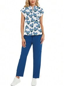 2pcs/Set Heart & Star Print Stand Collar Top And Long Pants Pajama Set - Multicolor - View 4