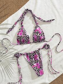 Women's Sexy Avant-Garde Leopard Floral Print Twist Halter Tie Front Bikini Swimwear, Two Pieces Swimwear Suitable For Going Out, Beach, Vacation, Music Festival, Beach Party - Multicolor - View 5
