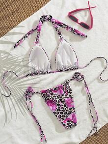 Women's Sexy Avant-Garde Leopard Floral Print Twist Halter Tie Front Bikini Swimwear, Two Pieces Swimwear Suitable For Going Out, Beach, Vacation, Music Festival, Beach Party - Multicolor - View 6