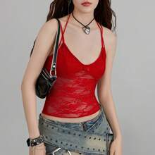 Beauace Womens Camisole Lace Top Spaghetti Straps Halterneck Backless See-Through Lace Patchwork Summer Tops - Red - View 8