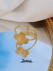 1 pieza Anillo ajustable con forma de trébol de cuatro hojas de acero inoxidable cuadrado a la moda para mujer, adecuado para uso diario, como regalo